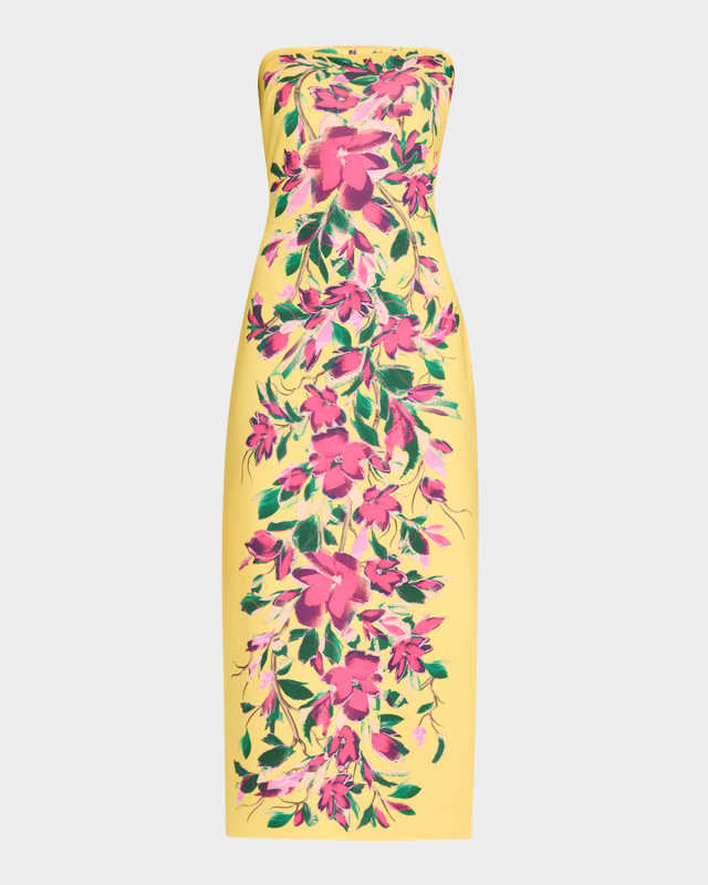 Strapless Floral-Print Bodycon Midi Dress